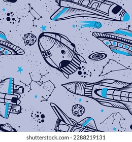 Hand drawn seamless space pattern with  space rockets, planets, stars. Space background