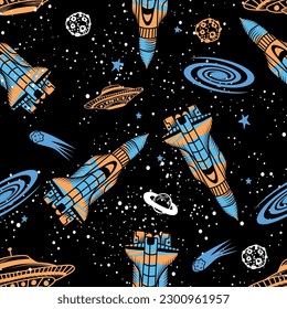 Hand drawn seamless space pattern with  space rockets, planets, stars. Space background