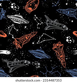 Hand drawn seamless space pattern with  space rockets, planets, stars. Space background