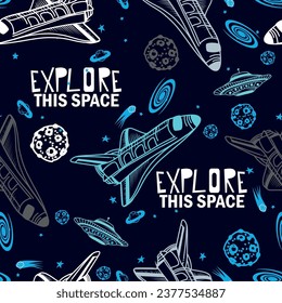 Hand drawn seamless space pattern with  space rockets, planets, stars. Space background