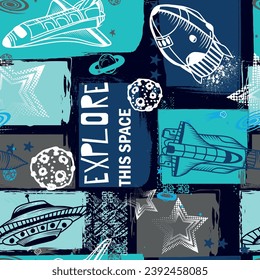 Hand drawn seamless space pattern with  space rockets, planets, stars. Space background