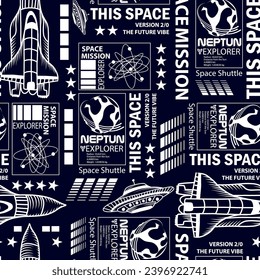 Hand drawn seamless space pattern with  space rockets, planets, stars. Space background