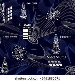 Hand drawn seamless space pattern with  space rockets, planets, stars. Space background