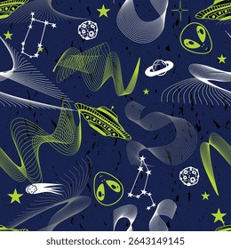 Hand drawn seamless space pattern with  space rockets, planets, stars. Space background