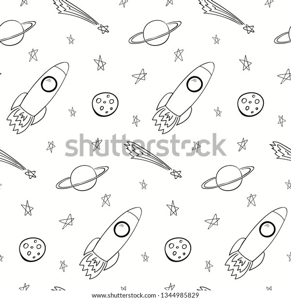Hand drawn seamless space pattern with rocket,\
moon, planet, comet, stars, black on white background. Vector\
illustration. Line drawing. Concept for children textile print,\
wallpaper, wrapping\
paper.