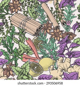 Hand drawn seamless spices and herbs vector background