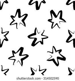 Hand drawn seamless star pattern. Dry brush and rough edges ink illustration. Abstract vector background