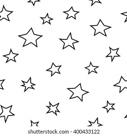 Hand drawn seamless star pattern with ink doodles stars. Vector background. Hand draw. Black and white.