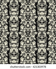 Hand drawn seamless stylized foliage striped damask background vector for invitations, greeting cards, web page, pattern fills, or textile. Black and white color
