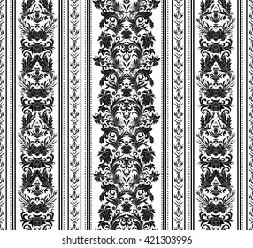 Hand drawn seamless stylized foliage striped damask background vector for invitations, greeting cards, web page, pattern fills, or textile. Black and white color