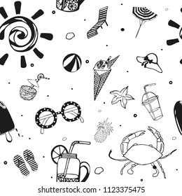 Hand drawn seamless Summer pattern. Illustrations of glasses, umbrella, crab, cocktails, ice cream, sun, sneakers, fruit   on white background.For wrapping paper, card.