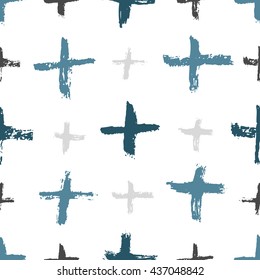 Hand drawn seamless summer pattern. Trendy color palette grunge textured monochrome vector illustration. Brush made abstract background. Hipster texture with crosses or pluses. Fashion graphic design.