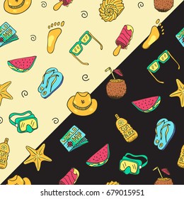 Hand drawn seamless summer time theme, pattern. Beach elements. Vector EPS8.