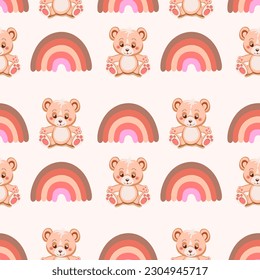Hand drawn seamless template with cute teddy bears and boho rainbow trend. Holiday design baby showers, background, packaging, wrapping paper, birthday, party. Vector illustration.