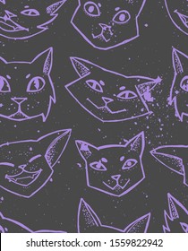 Hand drawn seamless texture with a cat faces. 