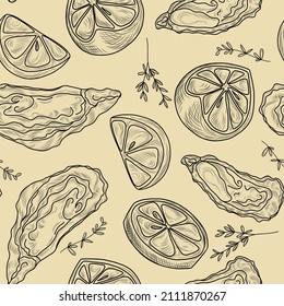 Hand drawn seamless texture with lemon fruit, oyster and thyme illustrations, vector seamless pattern