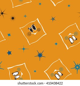 hand drawn seamless texture with stars and smiley pillows