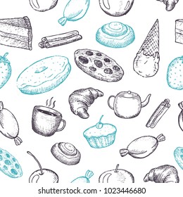 Hand drawn seamless texture of sweets doodles on white background.