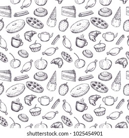 Hand drawn seamless texture of sweets doodles on white background.