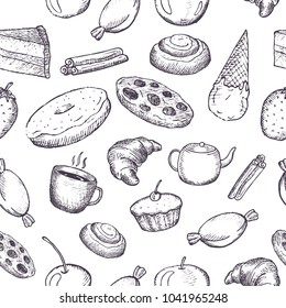 Hand drawn seamless texture of sweets doodles on white background.