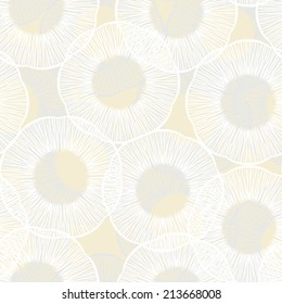Hand drawn seamless texture with various silver and white brushed circles on gold for Christmas and holiday decor or wedding invitation background. Seamless vector pattern for winter fashion