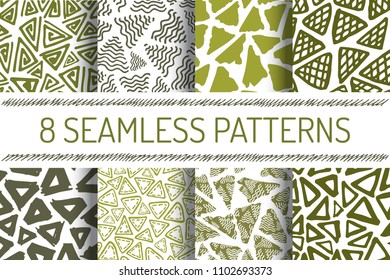 Hand Drawn Seamless Triangle Pattern In Retro Style. Olive Colors Delta Background Set. Trigon Squiggle Texture Organic Geometric Design