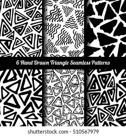 Hand Drawn Seamless Triangle Pattern With Ink Doodles. Black And White Vector Delta Background Set. Trigon Squiggle Texture Organic Geometric Design