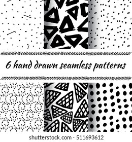 Hand Drawn Seamless Triangle Pattern With Ink Doodles. Black And White Vector Delta Background Set. Trigon Squiggle Texture Organic Geometric Design