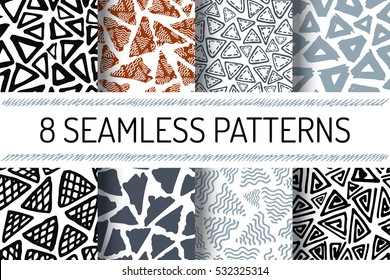 Hand Drawn Seamless Triangle Pattern In Retro Style. Vintage Colors Delta Background Set