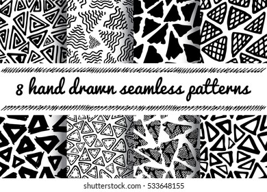 Hand Drawn Seamless Triangle Pattern In Retro Style. Black And White Delta Background Set