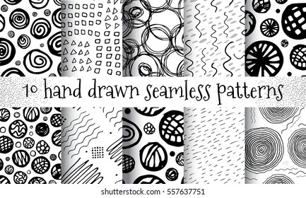 Hand Drawn Seamless Triangle Pattern With Ink Doodles. Black And White Vector Delta Background Set. Trigon Squiggle Texture Organic Geometric Design