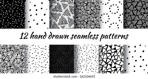 Hand Drawn Seamless Triangle Pattern With Ink Doodles. Black And White Vector Delta Background Set. Trigon Squiggle Texture Organic Geometric Design