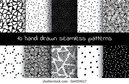 Hand Drawn Seamless Triangle Pattern With Ink Doodles. Black And White Vector Delta Background Set. Trigon Squiggle Texture Organic Geometric Design