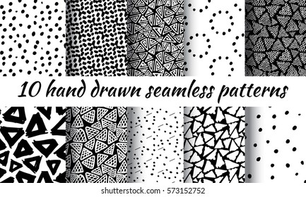 Hand Drawn Seamless Triangle Pattern With Ink Doodles. Black And White Vector Delta Background Set. Trigon Squiggle Texture Organic Geometric Design