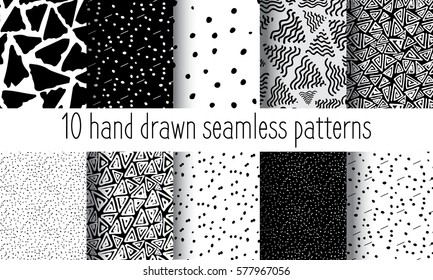 Hand Drawn Seamless Triangle Pattern With Ink Doodles. Black And White Vector Delta Background Set. Trigon Squiggle Texture Organic Geometric Design