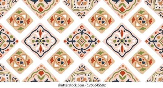 Hand drawn seamless tribal pattern in brown, blue, green. Modern textile, wall art, wrapping paper, wallpaper design