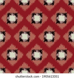 Hand drawn seamless tribal pattern in red colors. Ikat style. Print design for textile, wall art, wrapping paper, packaging design.