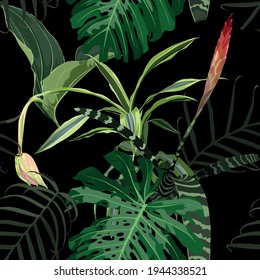Hand drawn seamless tropical floral pattern with red guzmania flowers and many kind of tropical leaves. Exotic hawaiian fabric design on black background.