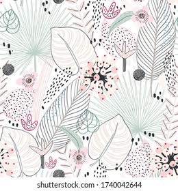 Hand drawn seamless tropical pattern with plants, leaves and exotic flowers. Tropical summer background. Perfect for fabric design, wallpaper, apparel. Vector illustration.