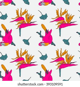 Hand drawn seamless tropical pattern with bright parrot in vector