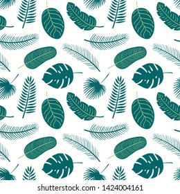 Hand drawn seamless tropical vector pattern with palm tree leaves, on a white background. Scandinavian style flat design. Concept for summer textile print, wallpaper, wrapping paper.