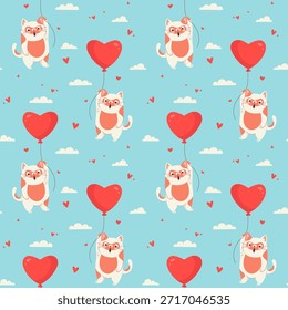 Dibujado a mano sin patrón de San Valentín con gatos de dibujos animados que vuelan en globos de corazón en el cielo Linda ilustración romántica para el envoltorio de vacaciones, tarjeta, textiles, decoración de vivero Vector festivo amor-diseño temático