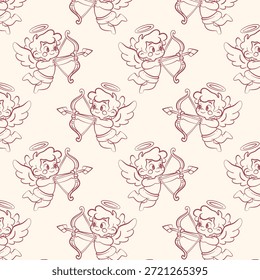 Dibujado a mano sin patrón de San Valentín con cupido ángel flecha de tiro. Fondo romántico para el diseño de la boda, papel de embalaje, textil, papelería y decoración temática de amor.