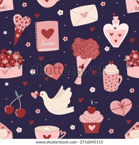hand drawn, seamless valentine pattern with romantic icons, hearts, flowers, love letters, desserts, dove and gifts on dark background, cute cozy design for wrapping paper, textile, fabric, wallpaper, stationery and festive decoration