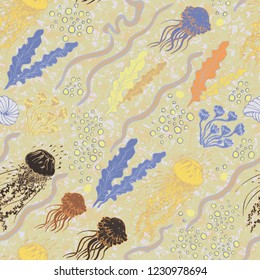 Hand drawn seamless vector background with algae, with sea plants, air bubbles and jellyfish. The idea for printing, tissue, packaging, scrapbooking
