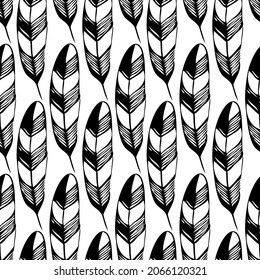 Hand drawn seamless vector black and white pattern of bird feather or a vintage quill pen