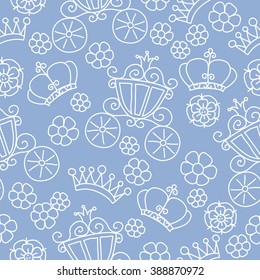 Hand drawn seamless vector blue pattern of little princess doodles. Background for use in design, web site, textile.  