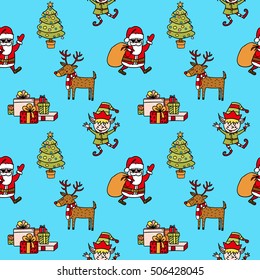 Hand drawn seamless vector Christmas pattern , holiday theme, santa, presents. christmas tree, santa's deer, santa's elf in a costume. Colorful ornament on a blue background.
