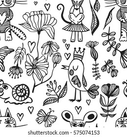 Hand drawn seamless vector floral pattern. Animals and flowers in doodle childish style. Romantic cute elements for Valentine's  and wedding day card, prints and t-shirts design.