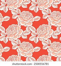 Hand drawn seamless vector illustration of a red peony flower